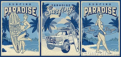 Set of vintage monochorme posters for a surfing theme Vector Illustration