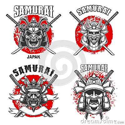 Set of vintage monochrome illustrations of samurai helmets and crossed swords. Design element for logo, label, sign Vector Illustration