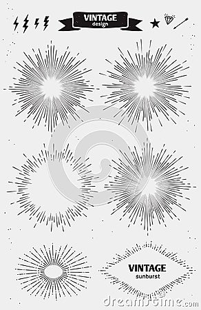 Set of Vintage monochrome Sun Burst, Starburst. Vector vintage design elements Vector Illustration