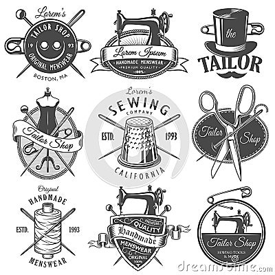 Set of vintage monochrome tailor emblems Vector Illustration