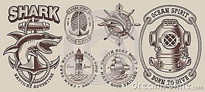 Set of vintage nautical designs with a shark Vector Illustration