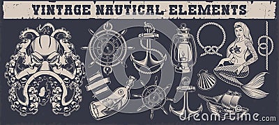 Set of a vintage nautical elements on a dark background Stock Photo