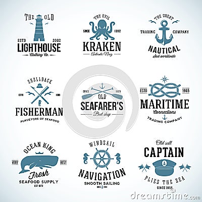 Set of Vintage Nautical Labels and Signs With Vector Illustration
