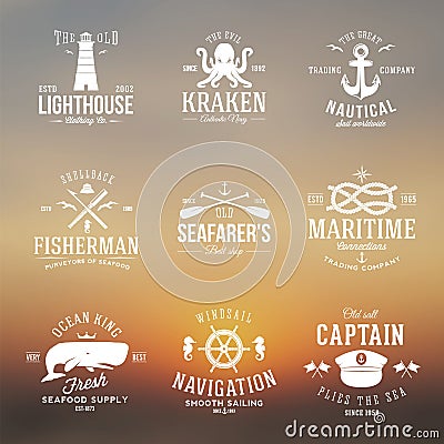 Set of Vintage Nautical Labels or Signs With Retro Vector Illustration