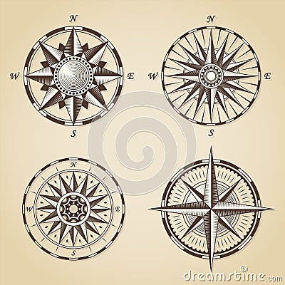 Set of vintage old antique nautical compass roses. Vector signs Vector Illustration