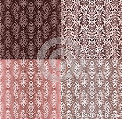 Set of Vintage Ornaments Seamless Patterns with Flower Designs in Damascus Style claret background vector illustration Vector Illustration