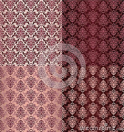 Set of Vintage Ornaments Seamless Patterns with Flower Designs in Damascus Style claret background Vector Illustration