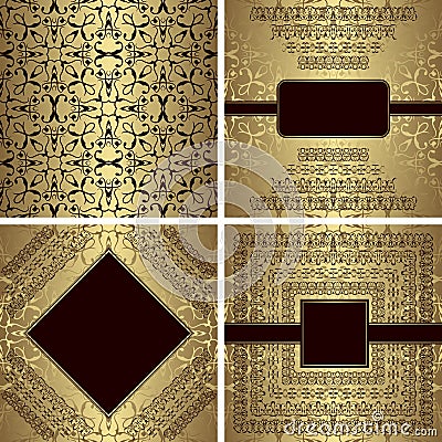 Set of vintage pattern and three luxury invitations Vector Illustration