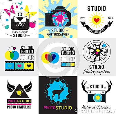 Set of vintage photo studio logo, labels, badges and design element. Vector Illustration