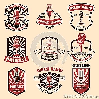 Set of vintage podcast, radio emblems with microphone. Design element for logo, label, sign, badge, poster Vector Illustration