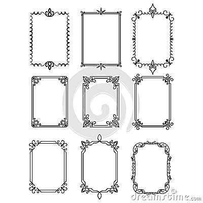 Set of vintage rectangular ornate ornaments. Retro decorative frames. Cartoon Illustration