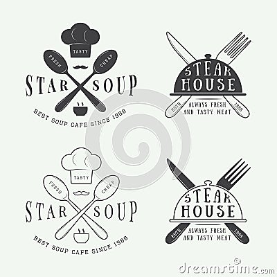 Set of vintage restaurant logo, badge and emblem with spoons, forks and knifes Vector Illustration