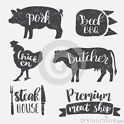 Set of vintage retro badge, label, logo design templates for meat store, charcuterie, deli shop, butchery market Stock Photo