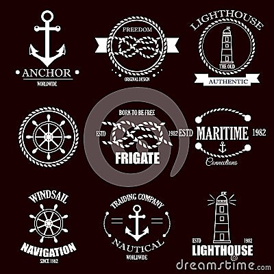 Set of vintage retro nautical badges and labels. Cartoon Illustration