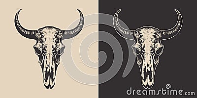 Set of vintage retro scary spooky cow bull skull head skeleton. Cowboy Native American. Can be used like emblem, logo. Monochrome Vector Illustration