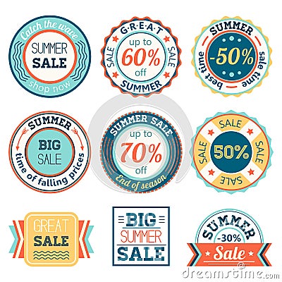 Set of vintage retro summer sale logos labels, posters, stickers, badges. Vector illustration. Vector Illustration