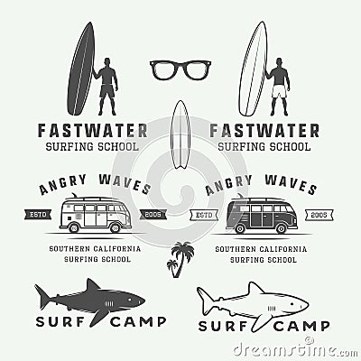 Set of vintage retro surfing, summer and travel logos, emblems, Vector Illustration