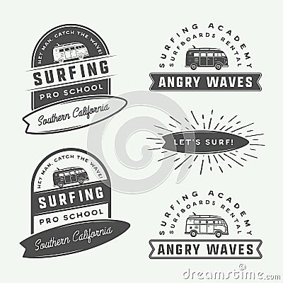 Set of vintage retro surfing, summer and travel logos, emblems, Vector Illustration