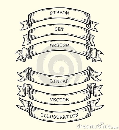 Set of vintage ribbon silhouettes isolated on background. Vector sketch templates, decorative objects. Vector Illustration