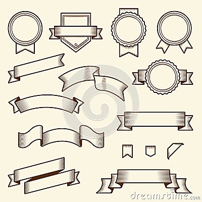Set of vintage ribbons and labels isolated on white background. Line art. Modern design Vector Illustration