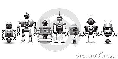 Set of vintage robot characters Vector Illustration