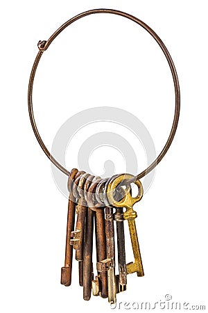 Set of vintage rusty keys on a ring isolated on white Stock Photo