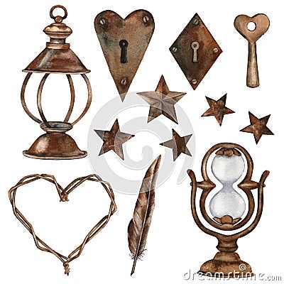 Set of vintage rusty metal bronze elements. Stars, lantern, hourglass, kerosene lamp, key, keyhole, feather and heart. Stock Photo