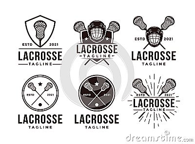 Set of Vintage seal badge lacrosse sport logo with crossed lacrosse equipment vector icon Vector Illustration