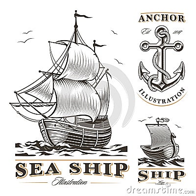 Set of vintage ships Vector Illustration