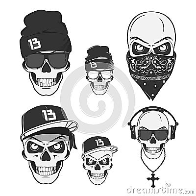 Set of vintage skull rap elements emblems, labels, badges, logos and design elements. Monochrome style. Vector Illustration