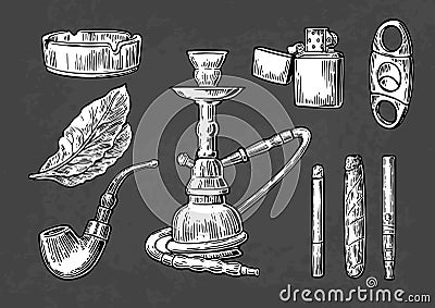 Set of vintage smoking tobacco elements. Monochrome style. Hookah, lighter, cigarette, cigar, ashtray, pipe, leaf, mouthpiece. Ve Vector Illustration