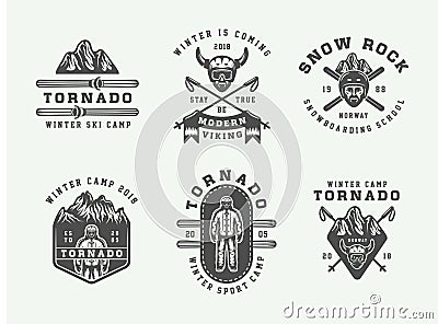 Set of vintage snowboarding, ski or winter sports logos, badges Vector Illustration