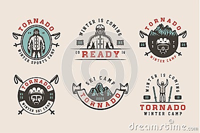 Set of vintage snowboarding, ski or winter sports logos, badges Vector Illustration