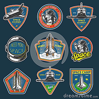 Set of vintage space and astronaut badges Vector Illustration