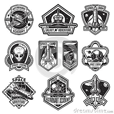 Set of vintage space and astronaut badges Vector Illustration