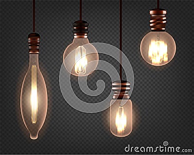 Set of vintage spiral Edison light bulb. Realistic retro lamp Vector Illustration