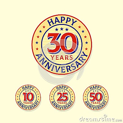 Set of vintage style anniversary logo badge. happy 30 years anniversary sticker background with retro style vector design Vector Illustration