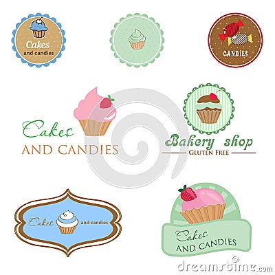 Set of vintage style logo with cupcake and candies. Stock Photo