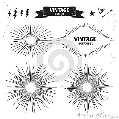 Set of Vintage Sun Burst. Vector monochrome light rays Vector Illustration