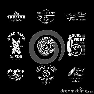 A set of surfing for printing. Wild wave logo, surf point sticker, elements of boards for school surfing. Vector Illustration