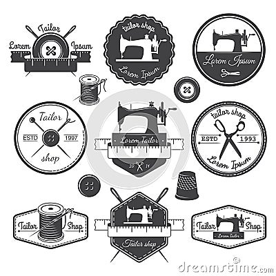 Set of vintage tailor labels, emblems and designed elements. Tailor shop theme Stock Photo