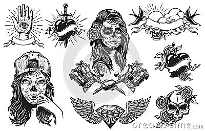 Set of vintage tattoos compositions Vector Illustration