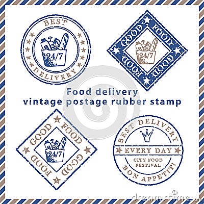 Set of vintage textured grunge food delivery rubber stamps with meal symbols in classic blue and brown colors. For Vector Illustration