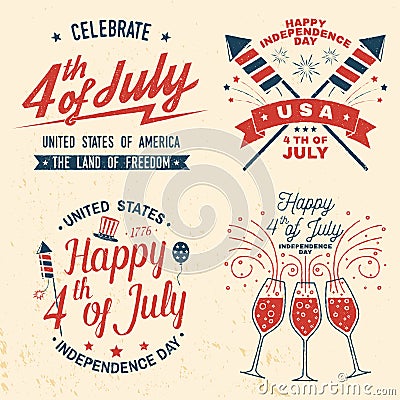 Set of Vintage 4th of july design. Fourth of July felicitation classic postcard. Independence day greeting card Vector Illustration