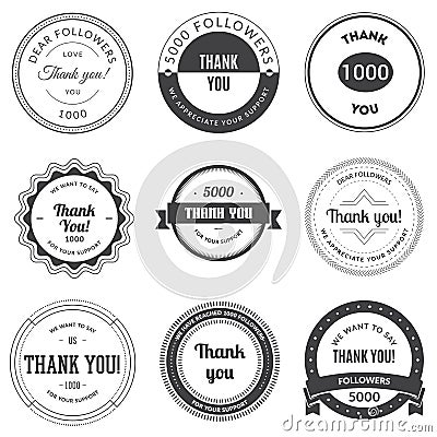 Set of vintage Thank you badges, labels and stickers. Cartoon Illustration