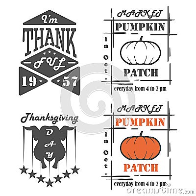 Set of vintage Thanksgiving Day emblems, signs, design elements Vector Illustration