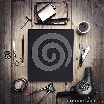 Set of vintage tools of barber shop and black canvas Stock Photo