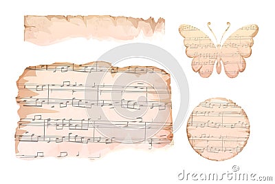 Set vintage torn paper, frames pieces paper butterfly from sheets aged with notes, melody carton isolated on white Vector Illustration