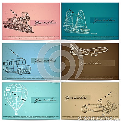 Set of vintage transport cards. Vector Illustration