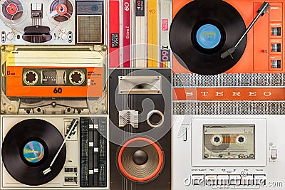 Set of vintage turntables, speakers, compact cassettes and tape recorders Stock Photo